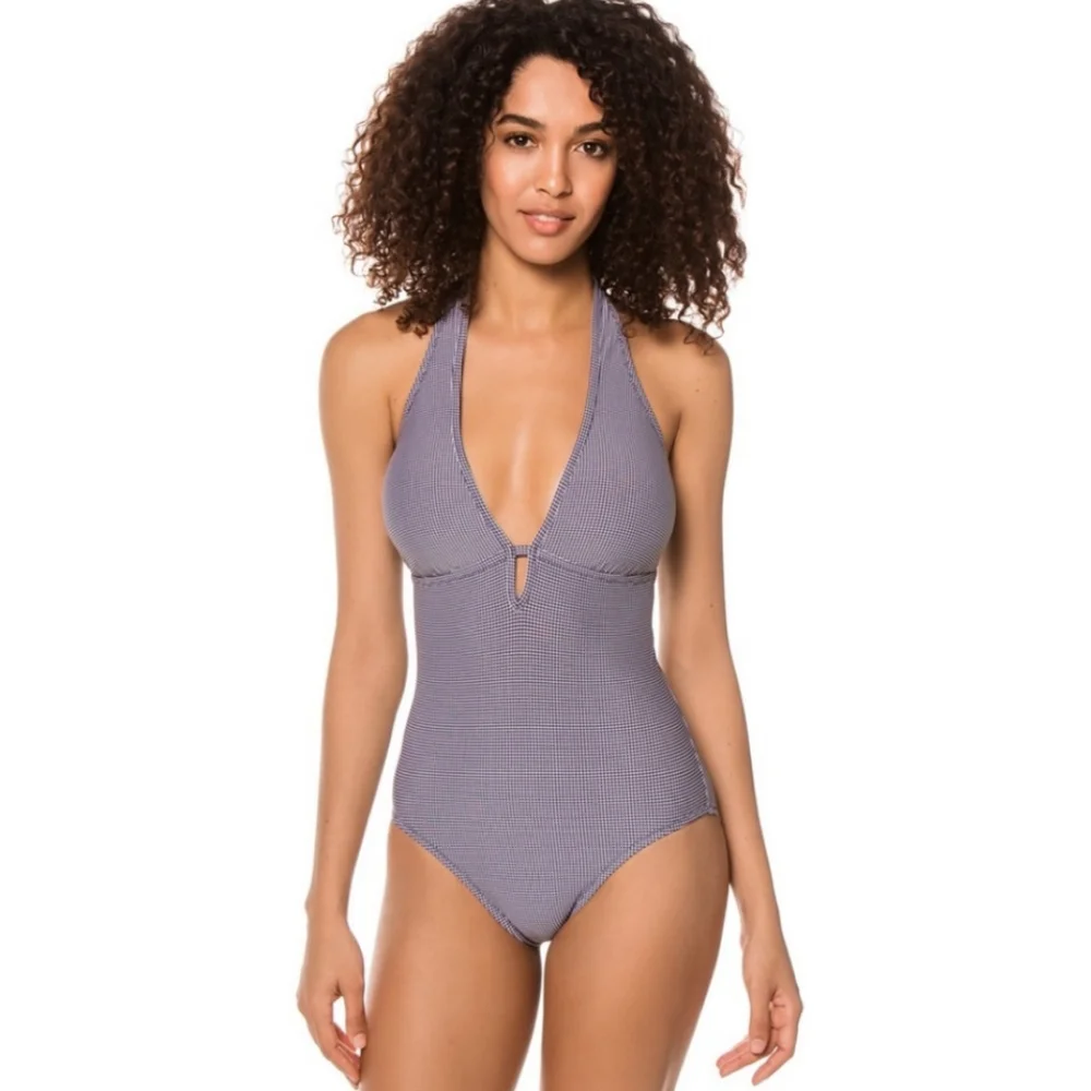 NWT DRAPER JAMES Navy Gingham Keyhole Swimsuit - Picture 2 of 9